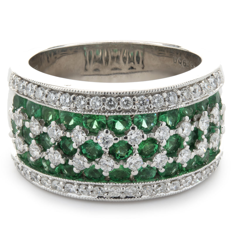 18 Karat White Gold Diamond and Emerald Seven Row Band