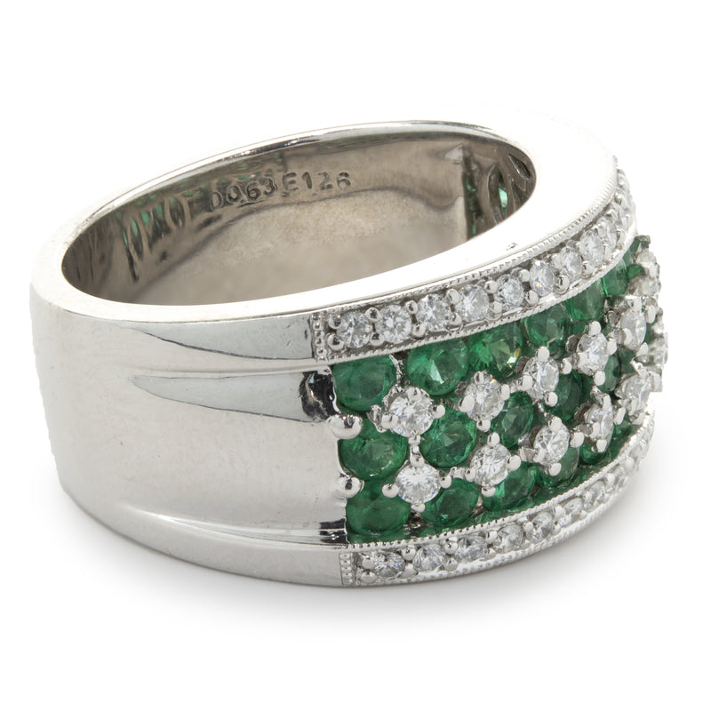 18 Karat White Gold Diamond and Emerald Seven Row Band