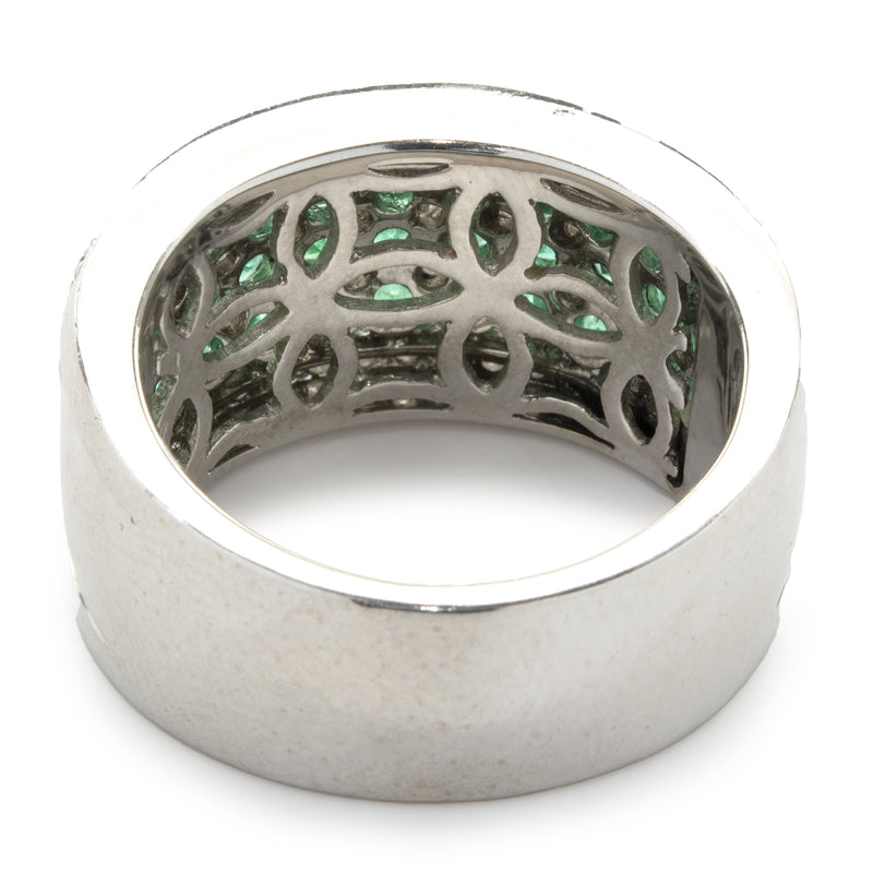 18 Karat White Gold Diamond and Emerald Seven Row Band