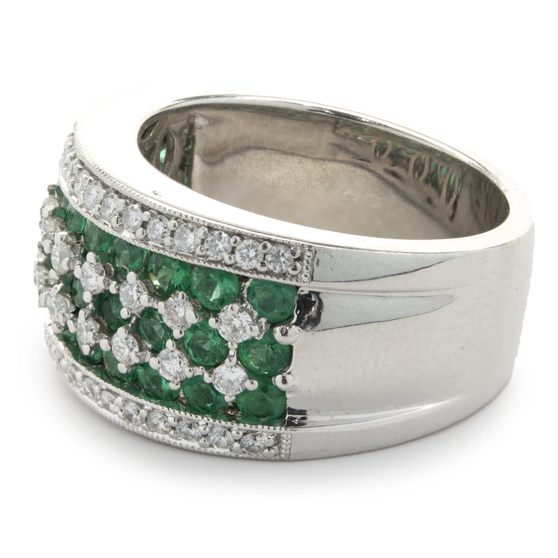 18 Karat White Gold Diamond and Emerald Seven Row Band