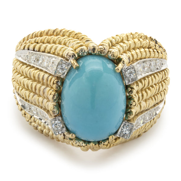 18 Karat Yellow Gold Persian Turquoise and Diamond Ring