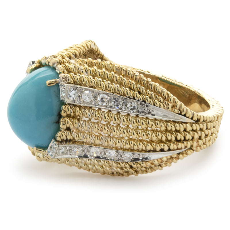 18 Karat Yellow Gold Persian Turquoise and Diamond Ring