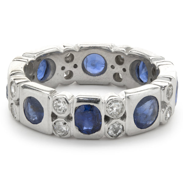 14 Karat White Gold Bezel Set Sapphire and Diamond Band