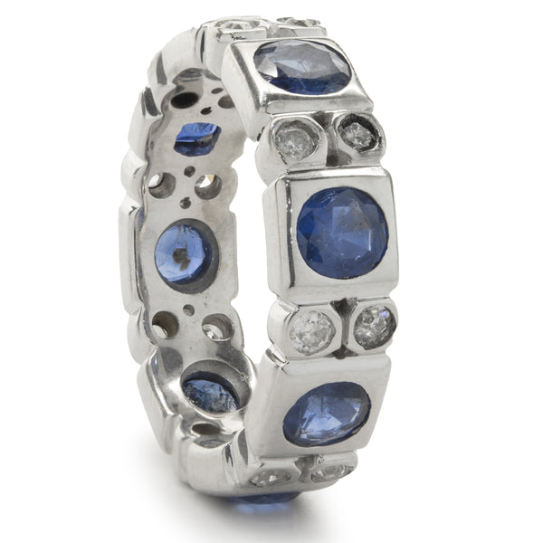 14 Karat White Gold Bezel Set Sapphire and Diamond Band