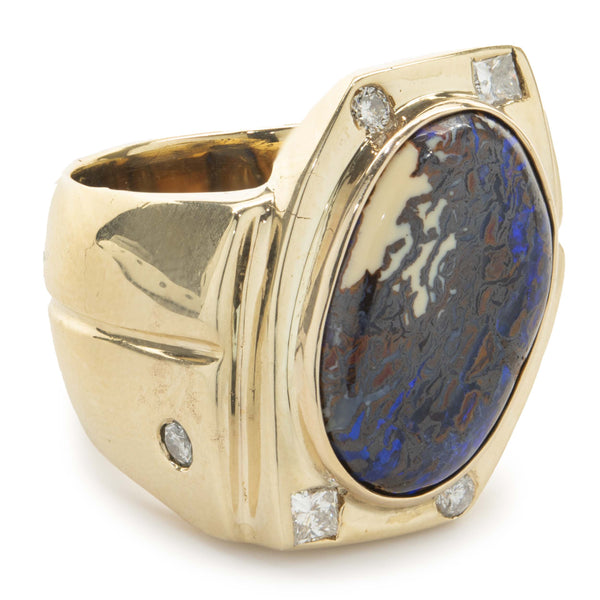 18 Karat Yellow Gold Boulder Opal and Diamond Ring