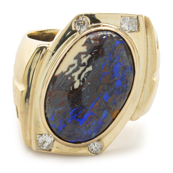 18 Karat Yellow Gold Boulder Opal and Diamond Ring
