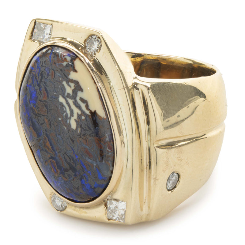 18 Karat Yellow Gold Boulder Opal and Diamond Ring