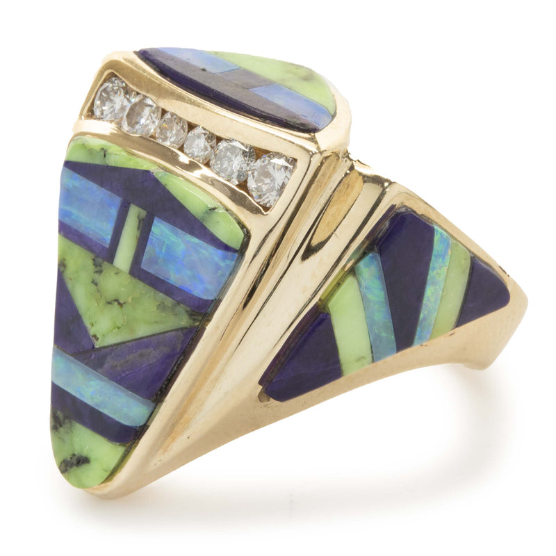 14 Karat Yellow Gold Diamond, Turquoise, and Opal Inlay Ring