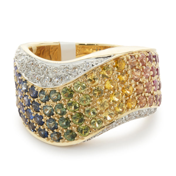 18 Karat Yellow Gold Pave Rainbow Sapphire and Diamond Wave Band
