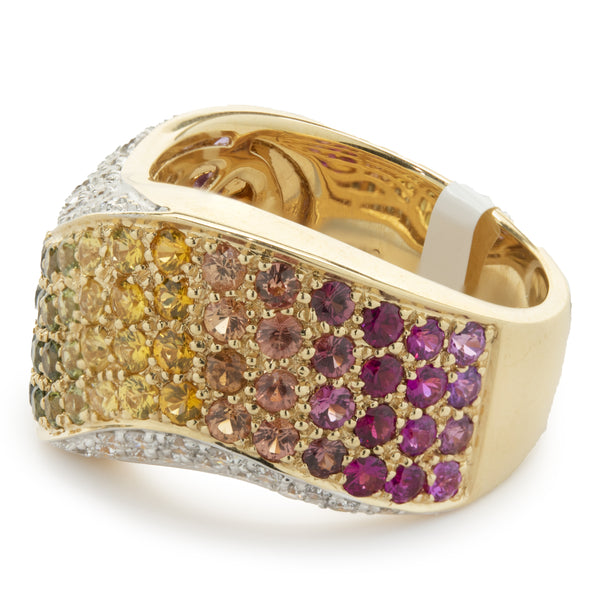 18 Karat Yellow Gold Pave Rainbow Sapphire and Diamond Wave Band