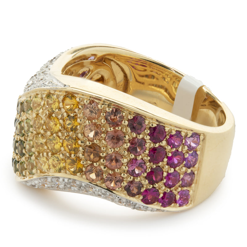 18 Karat Yellow Gold Pave Rainbow Sapphire and Diamond Wave Band