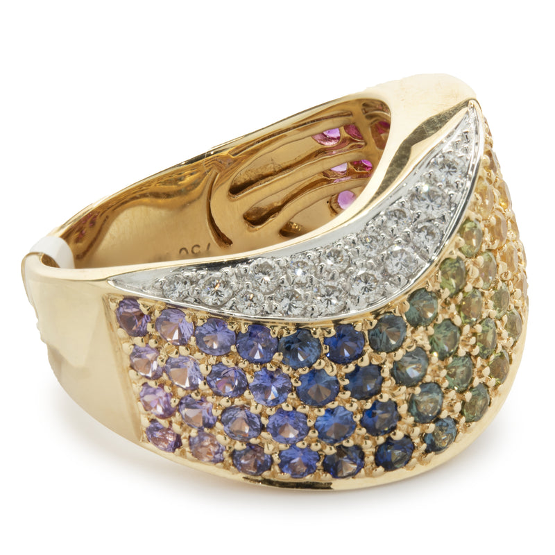 18 Karat Yellow Gold Pave Rainbow Sapphire and Diamond Wave Band