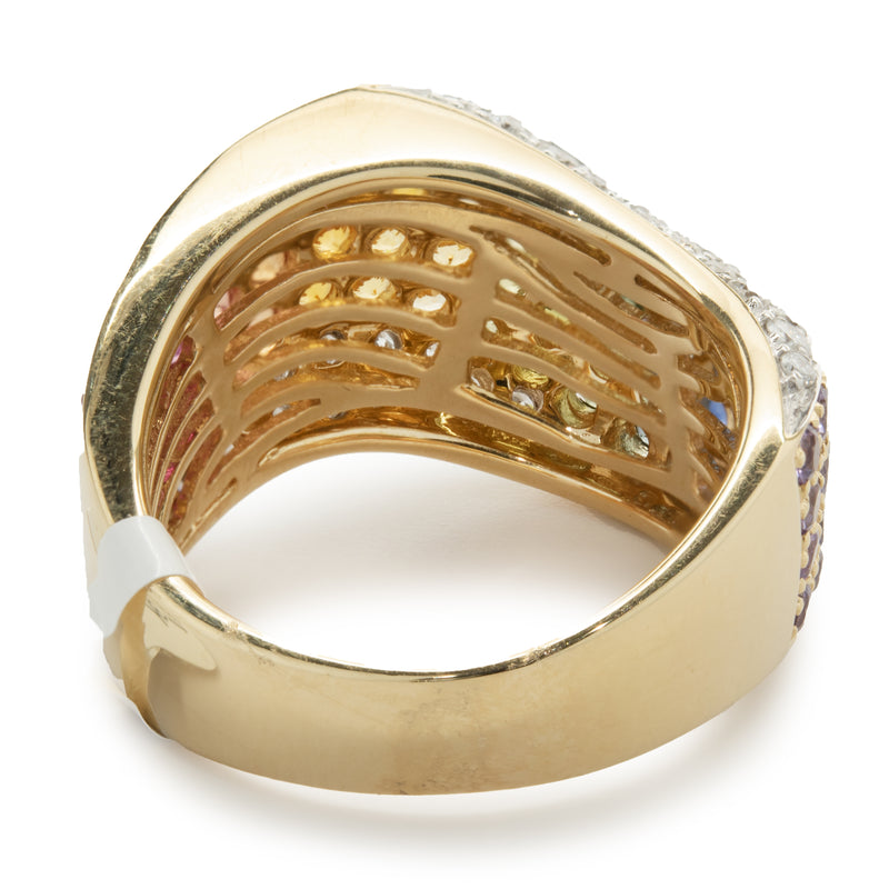 18 Karat Yellow Gold Pave Rainbow Sapphire and Diamond Wave Band