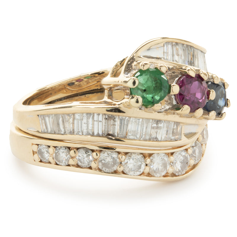 14 Karat Yellow Gold Emerald, Ruby, Sapphire, and Diamond Cocktail Ring