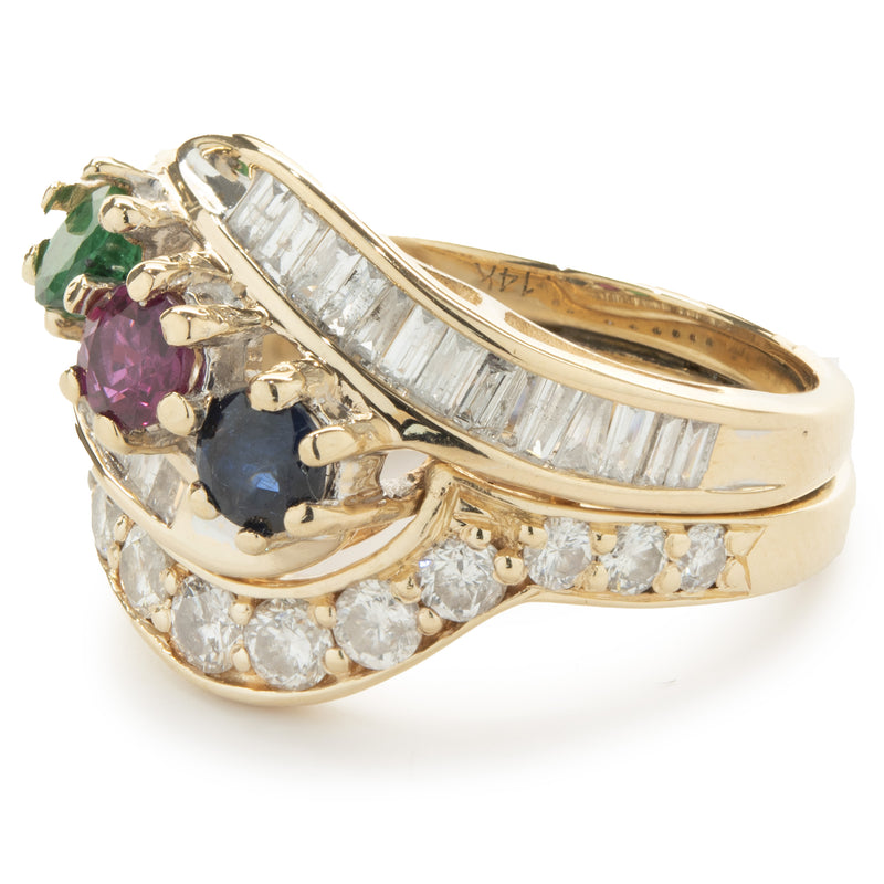 14 Karat Yellow Gold Emerald, Ruby, Sapphire, and Diamond Cocktail Ring