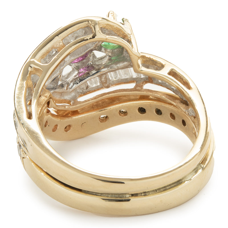 14 Karat Yellow Gold Emerald, Ruby, Sapphire, and Diamond Cocktail Ring