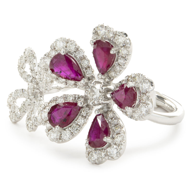 14 Karat White Gold Ruby and Diamond Double Flower Ring