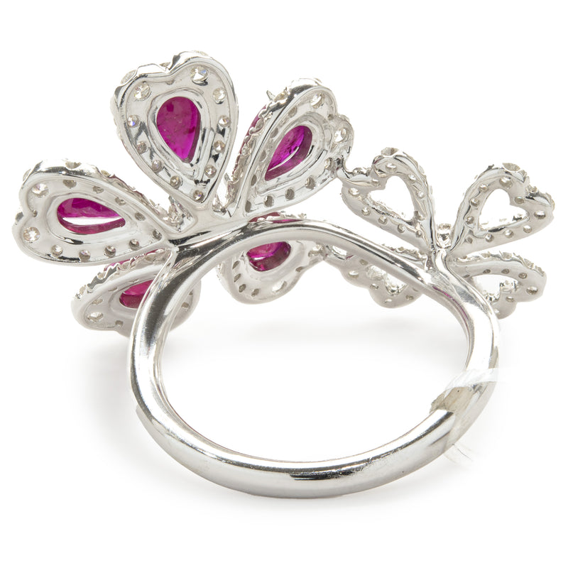14 Karat White Gold Ruby and Diamond Double Flower Ring