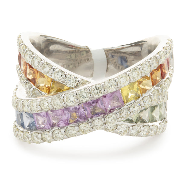14 Karat White Gold Rainbow Sapphire and Diamond Crossover Ring