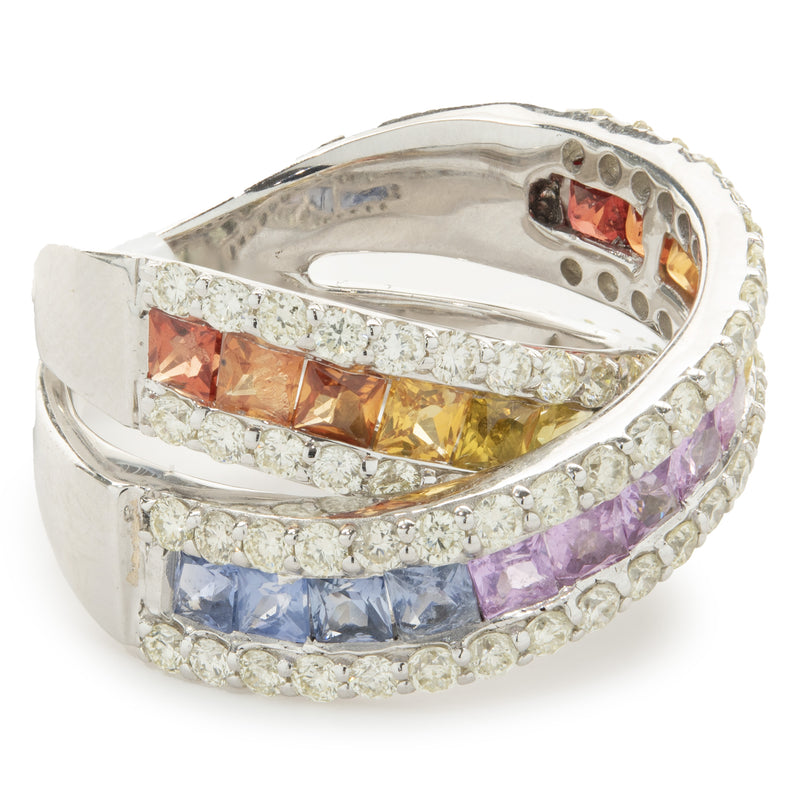14 Karat White Gold Rainbow Sapphire and Diamond Crossover Ring