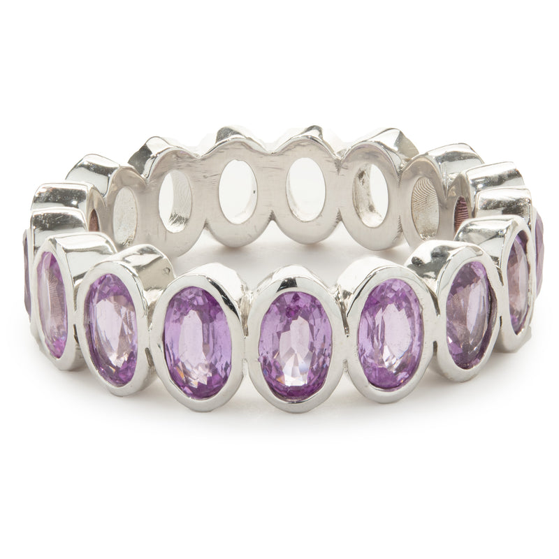 14 Karat White Gold Oval Bezel Set Pink Sapphire Band