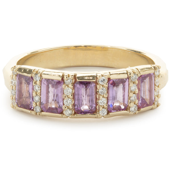 14 Karat Yellow Gold Pink Sapphire and Diamond Bar Ring