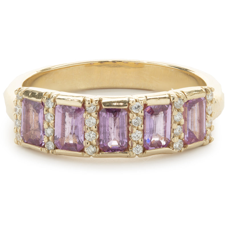 14 Karat Yellow Gold Pink Sapphire and Diamond Bar Ring