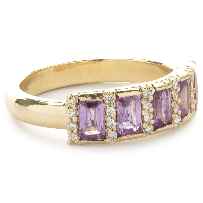 14 Karat Yellow Gold Pink Sapphire and Diamond Bar Ring