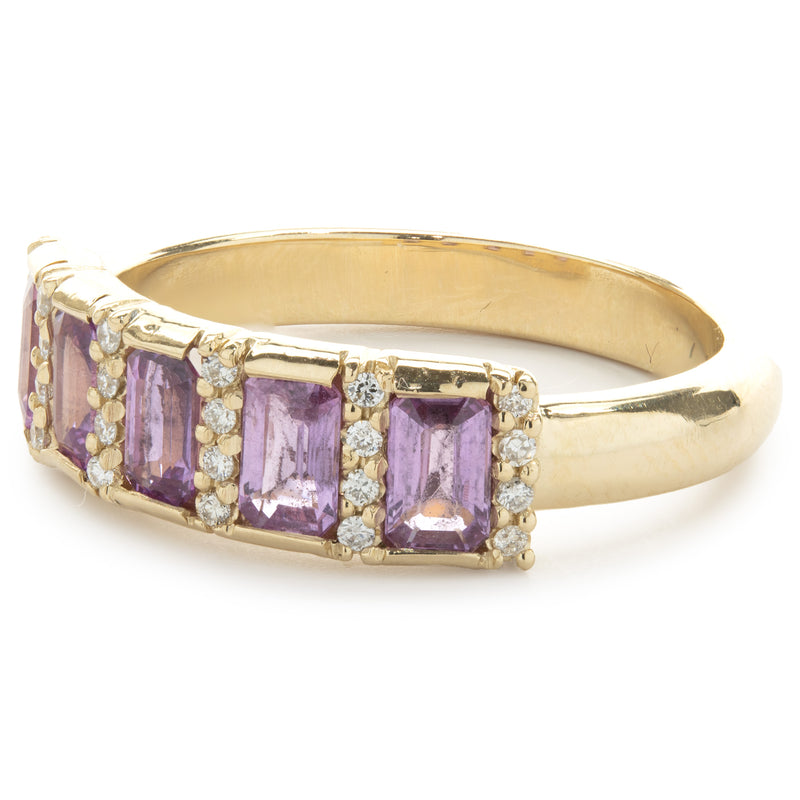 14 Karat Yellow Gold Pink Sapphire and Diamond Bar Ring