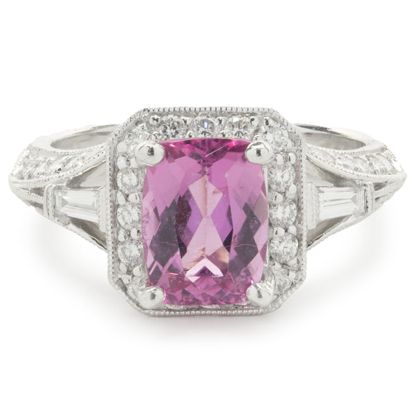14 Karat White Gold Pink Topaz and Diamond Ring