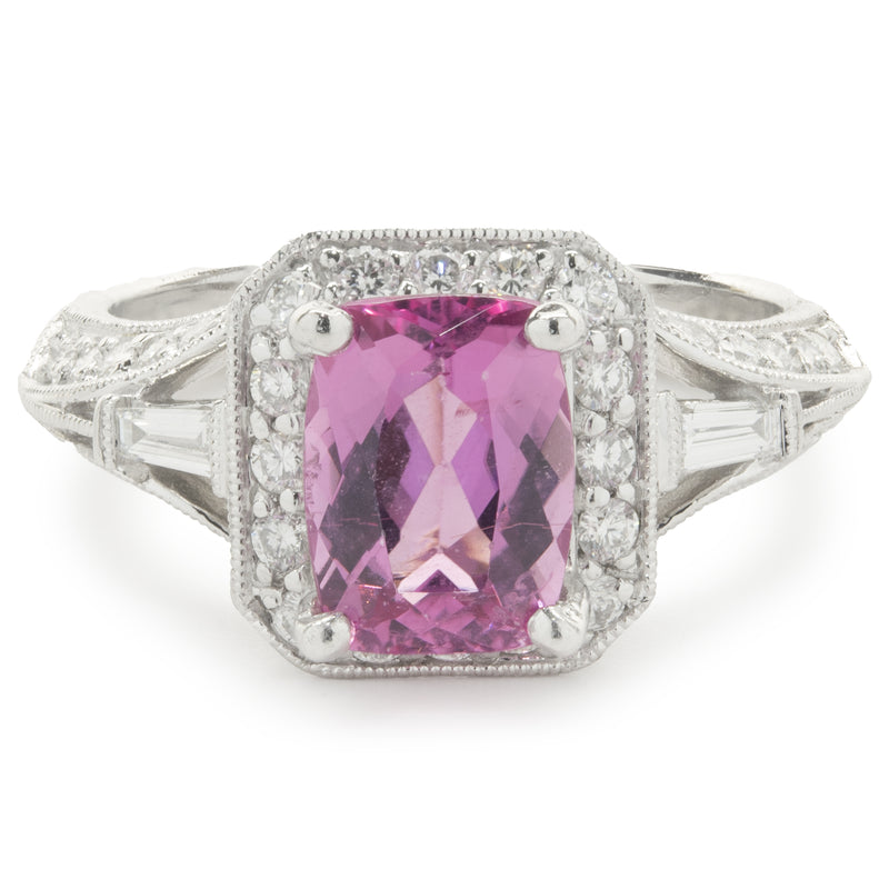 14 Karat White Gold Pink Topaz and Diamond Ring