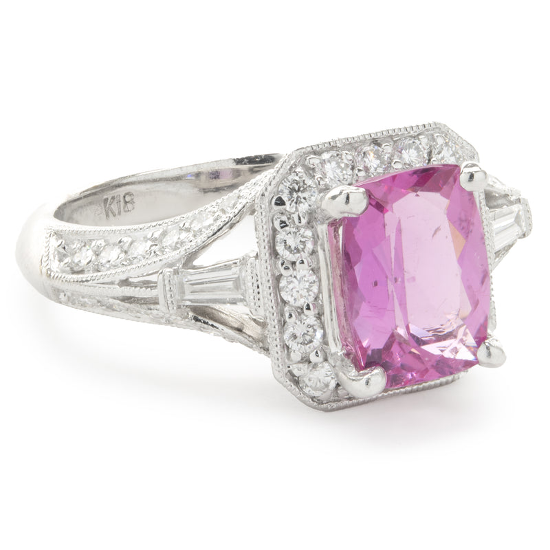 14 Karat White Gold Pink Topaz and Diamond Ring