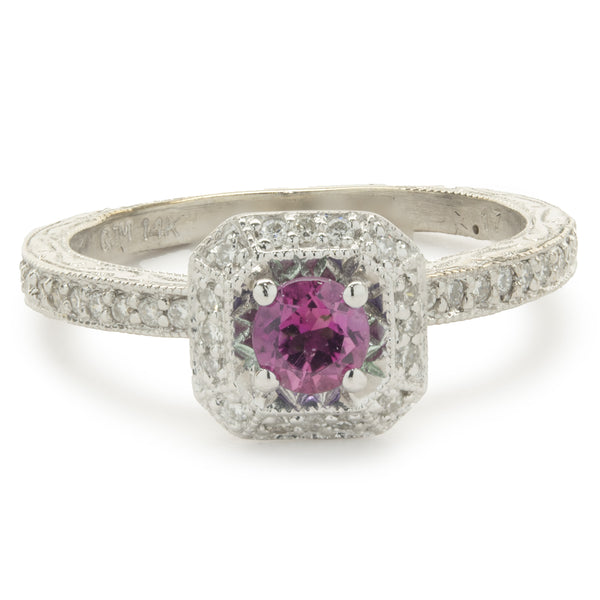 14 Karat White Gold Pink Topaz and Diamond Ring
