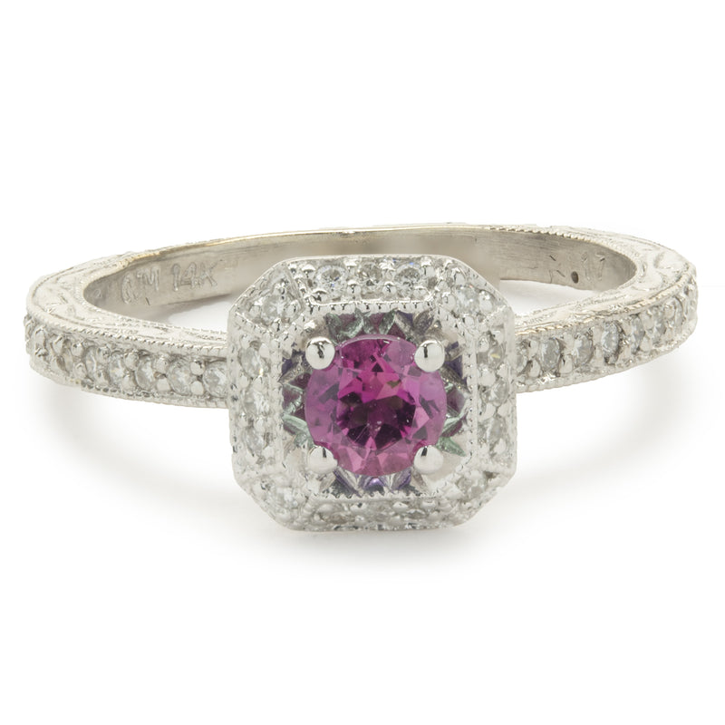 14 Karat White Gold Pink Topaz and Diamond Ring