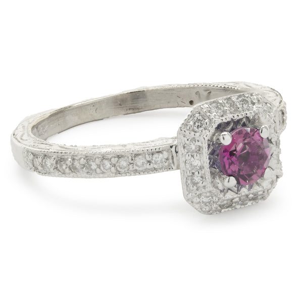 14 Karat White Gold Pink Topaz and Diamond Ring