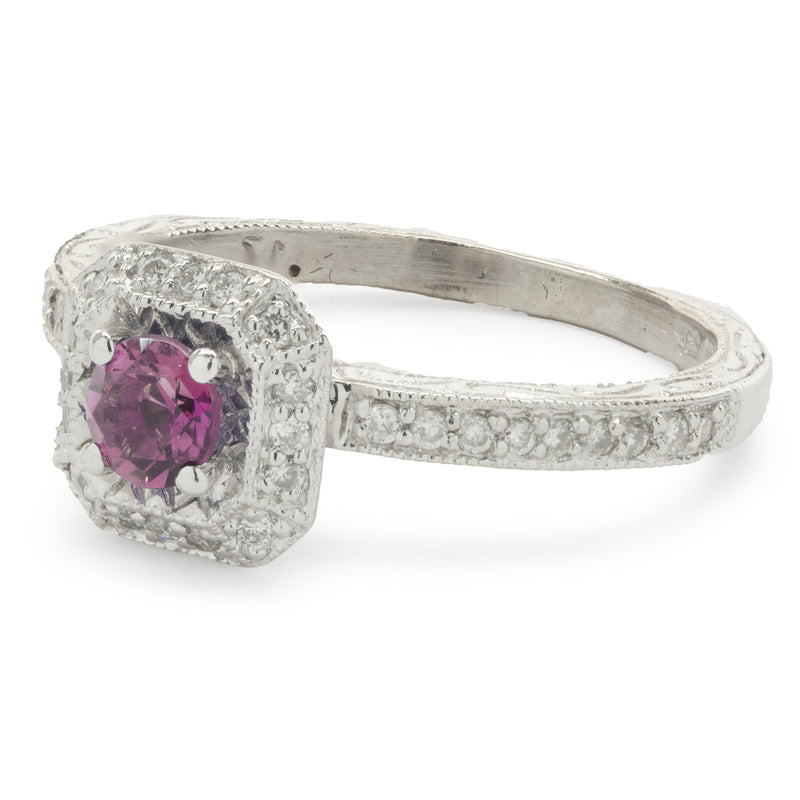 14 Karat White Gold Pink Topaz and Diamond Ring