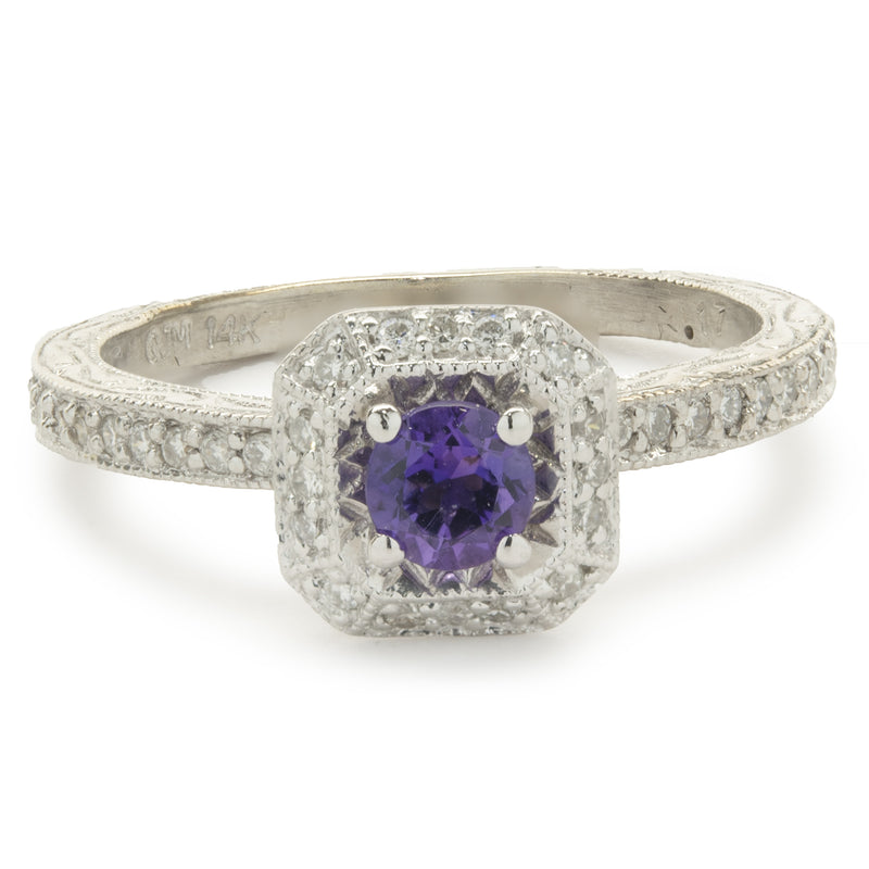 14 Karat White Gold Amethyst and Diamond Ring
