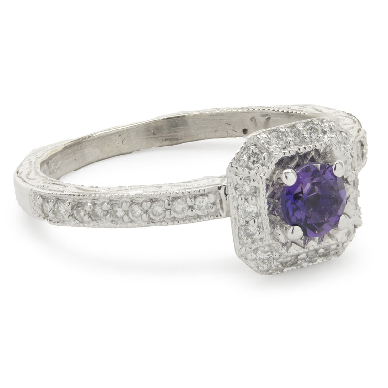 14 Karat White Gold Amethyst and Diamond Ring