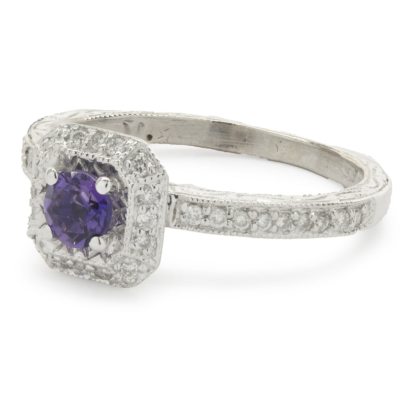14 Karat White Gold Amethyst and Diamond Ring