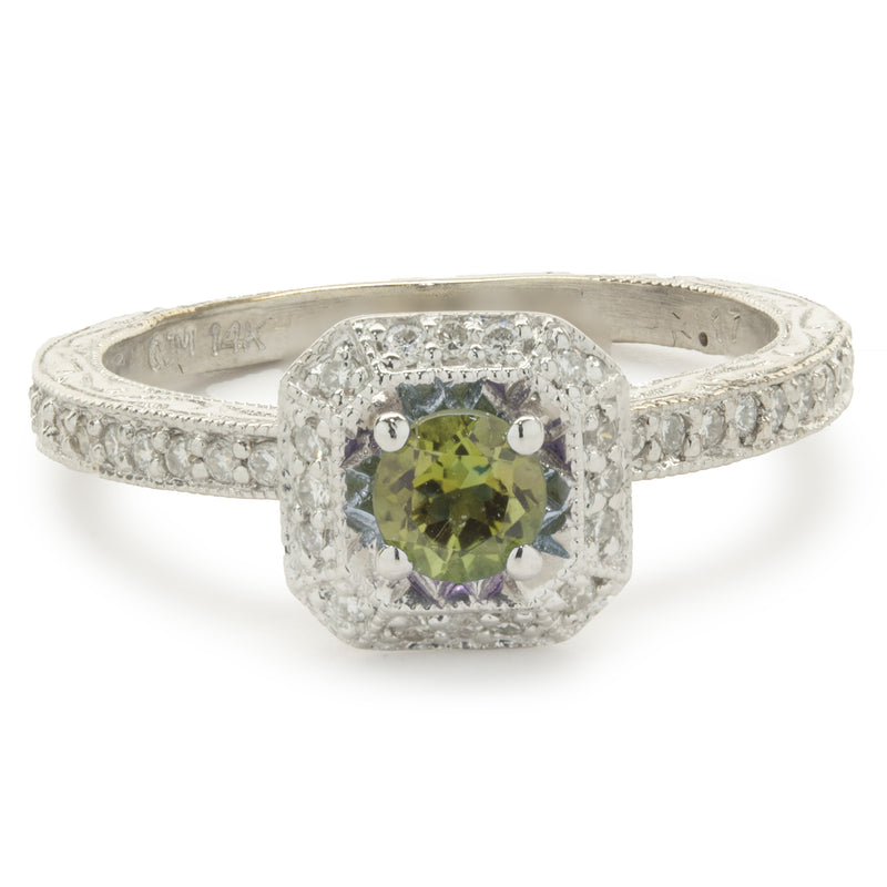 14 Karat White Gold Peridot and Diamond Ring