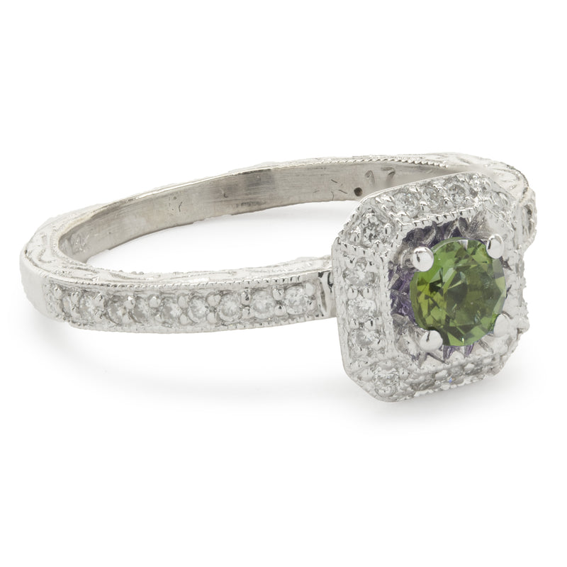 14 Karat White Gold Peridot and Diamond Ring
