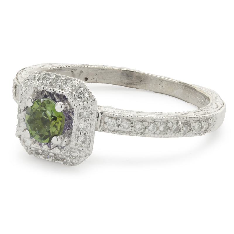 14 Karat White Gold Peridot and Diamond Ring