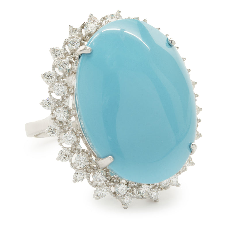 14 Karat White Gold Oval Turquoise and Diamond Cocktail Ring