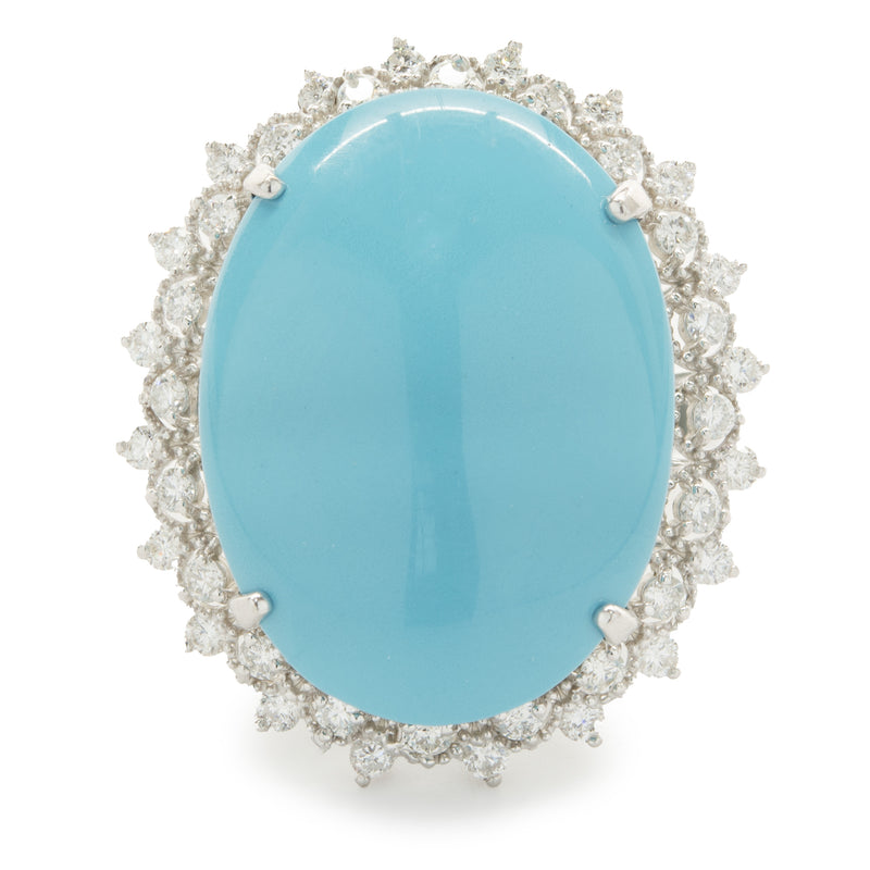 14 Karat White Gold Oval Turquoise and Diamond Cocktail Ring
