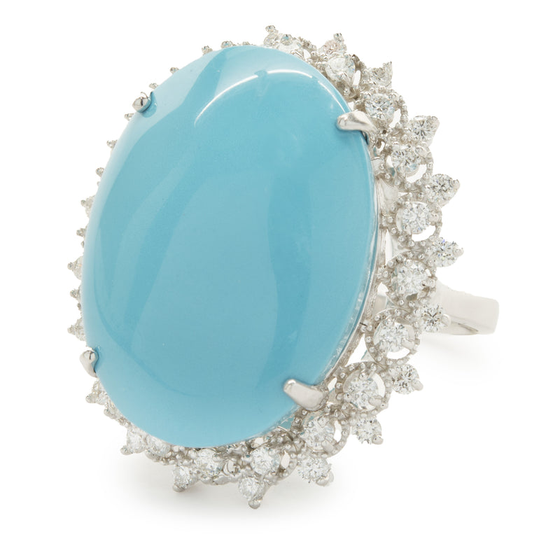 14 Karat White Gold Oval Turquoise and Diamond Cocktail Ring