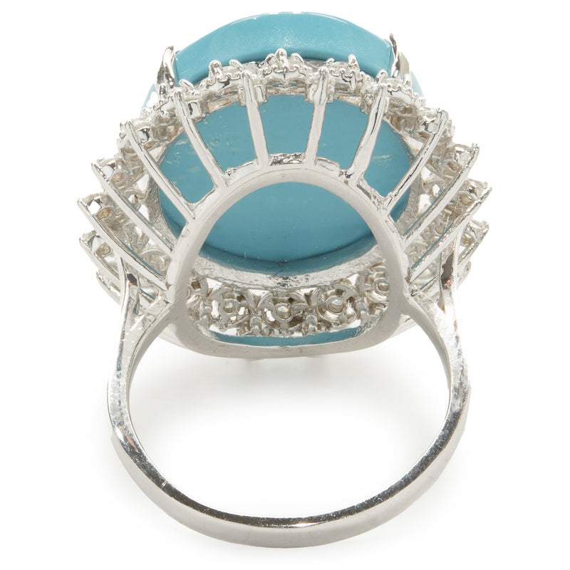 14 Karat White Gold Oval Turquoise and Diamond Cocktail Ring