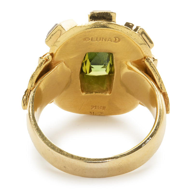 22 Karat Yellow Gold Green and Orange Tourmaline Ornate Ring