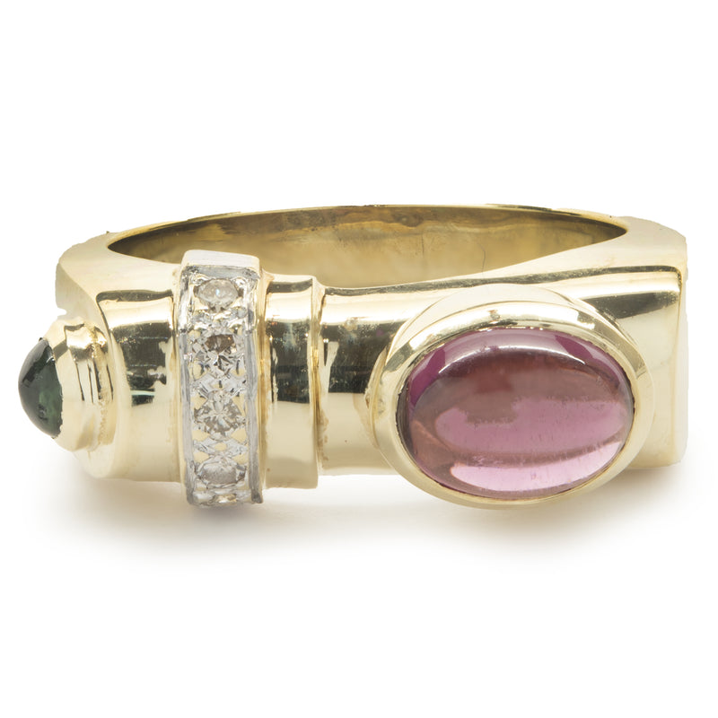 14 Karat Yellow Gold Diamond and Pink / Green Tourmaline Geometric Ring