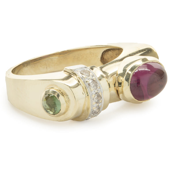 14 Karat Yellow Gold Diamond and Pink / Green Tourmaline Geometric Ring