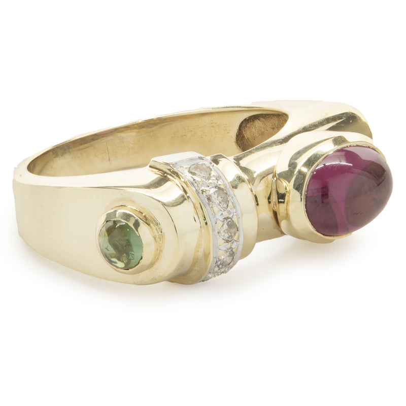 14 Karat Yellow Gold Diamond and Pink / Green Tourmaline Geometric Ring